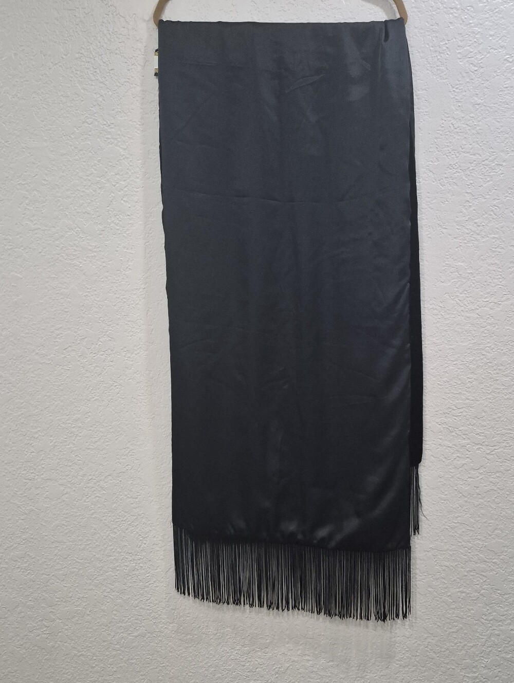 A brod 2-sided fringed wrap, one side velvet, one side satin, 20x80.